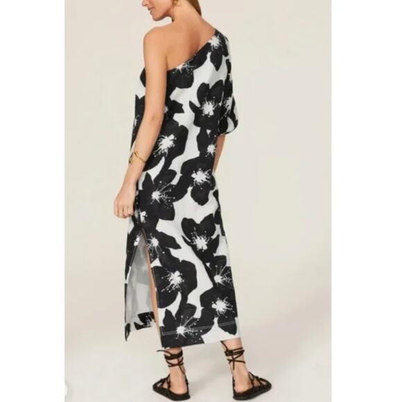 Something Navy Linen One Sleeve Midi Dress Floral Print Size Small Summer Vaca - Picture 4 of 13